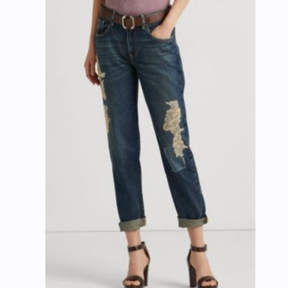 NWT Lauren Ralph Lauren Lace Patchwork Relaxed Tapered Jeans. Size 6